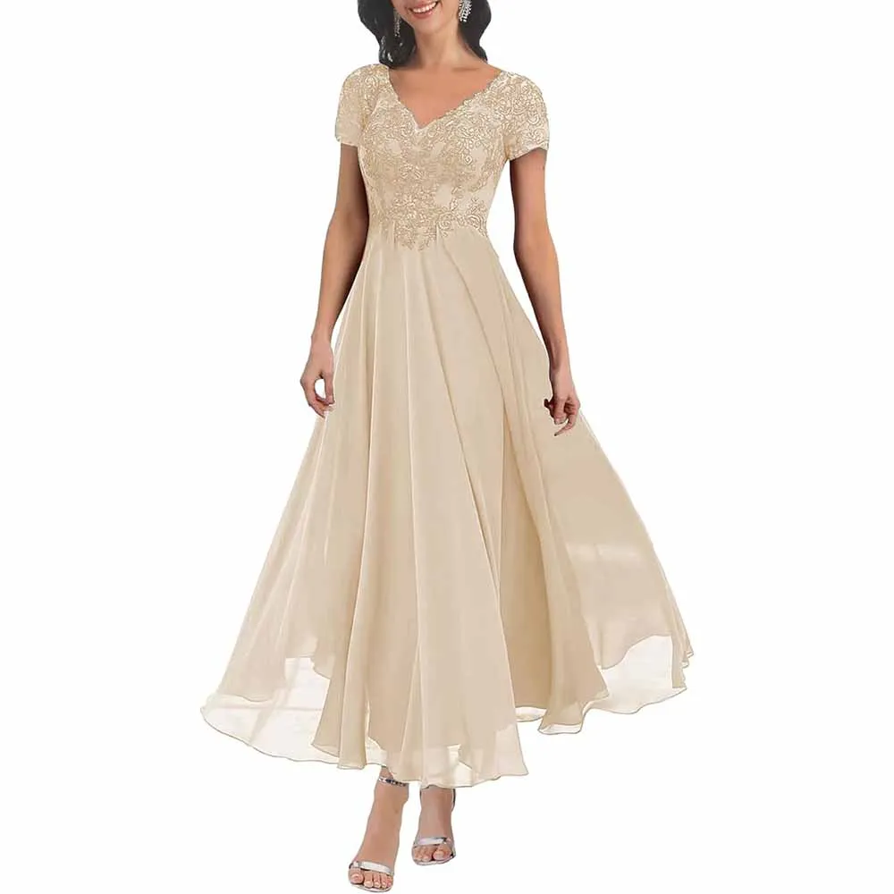 Lace Mother of The Bride Dresses with Sleeves Chiffon A Line Long Formal Evening Gowns