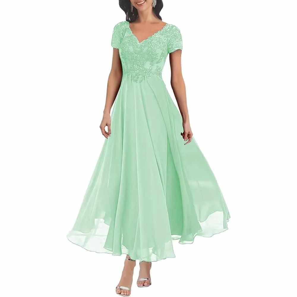 Lace Mother of The Bride Dresses with Sleeves Chiffon A Line Long Formal Evening Gowns