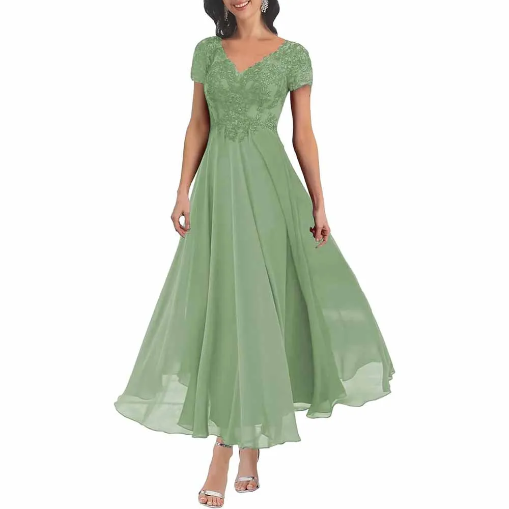 Lace Mother of The Bride Dresses with Sleeves Chiffon A Line Long Formal Evening Gowns