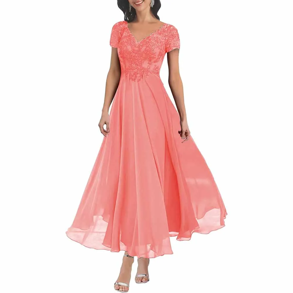 Lace Mother of The Bride Dresses with Sleeves Chiffon A Line Long Formal Evening Gowns