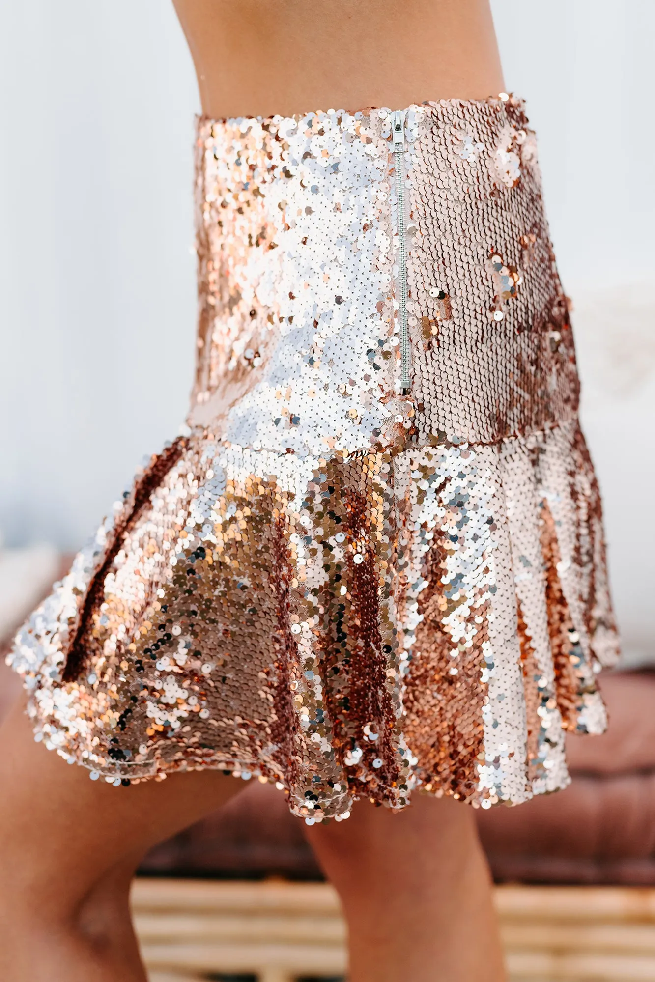 Let It Glow Flared Sequin Mini Skirt (Gold)