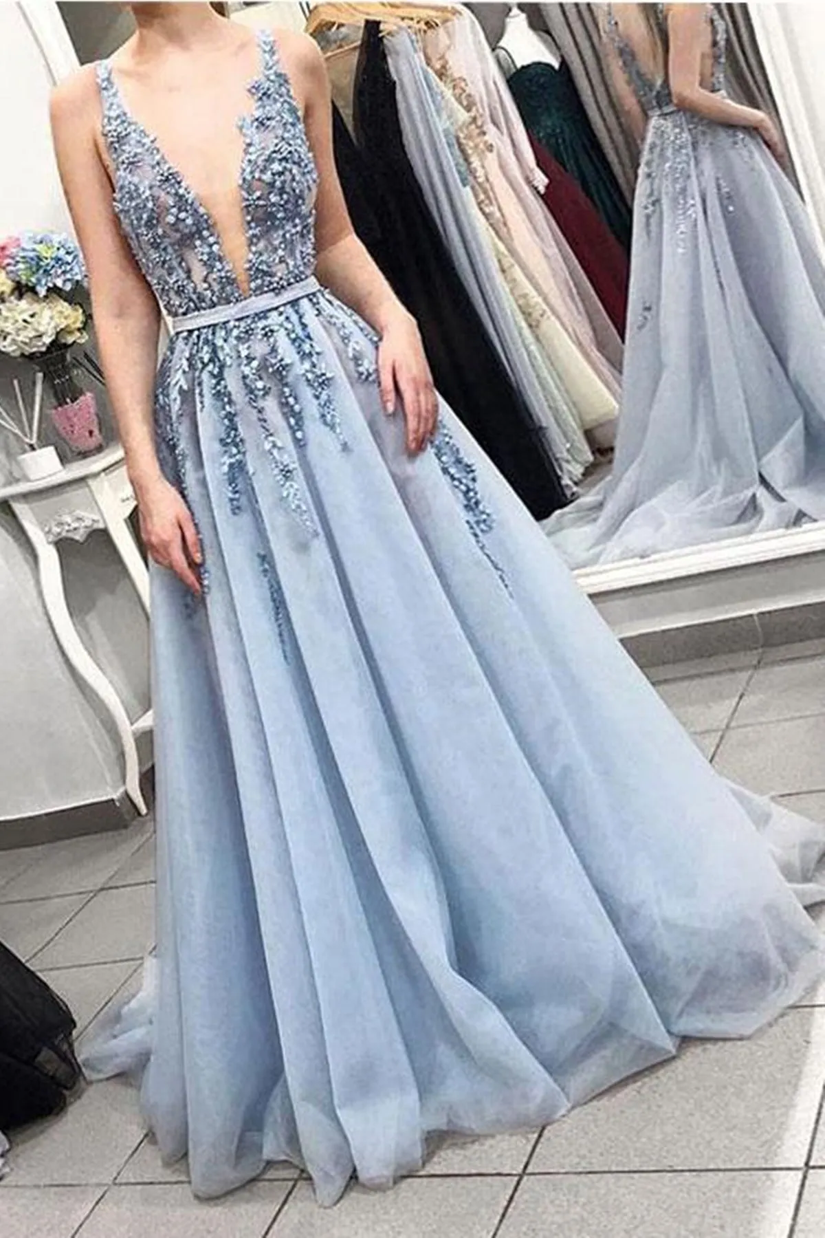 Light Blue A Line V Neck Backless Beaded Top Tulle Long Prom Dress, Backless Light Blue Formal Dresses, Evening Dresses