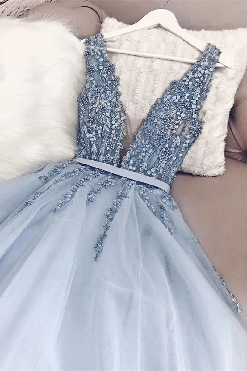 Light Blue A Line V Neck Backless Beaded Top Tulle Long Prom Dress, Backless Light Blue Formal Dresses, Evening Dresses