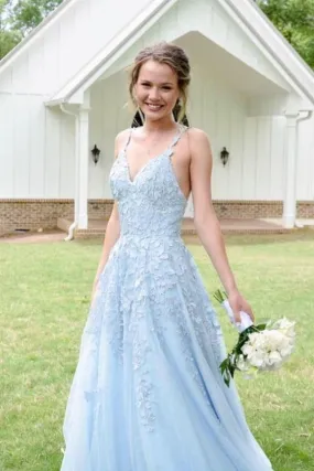 Light Blue Prom Dress with Lace, Evening Dress, Dance Dress, Graduation School Party Gown, PC0444