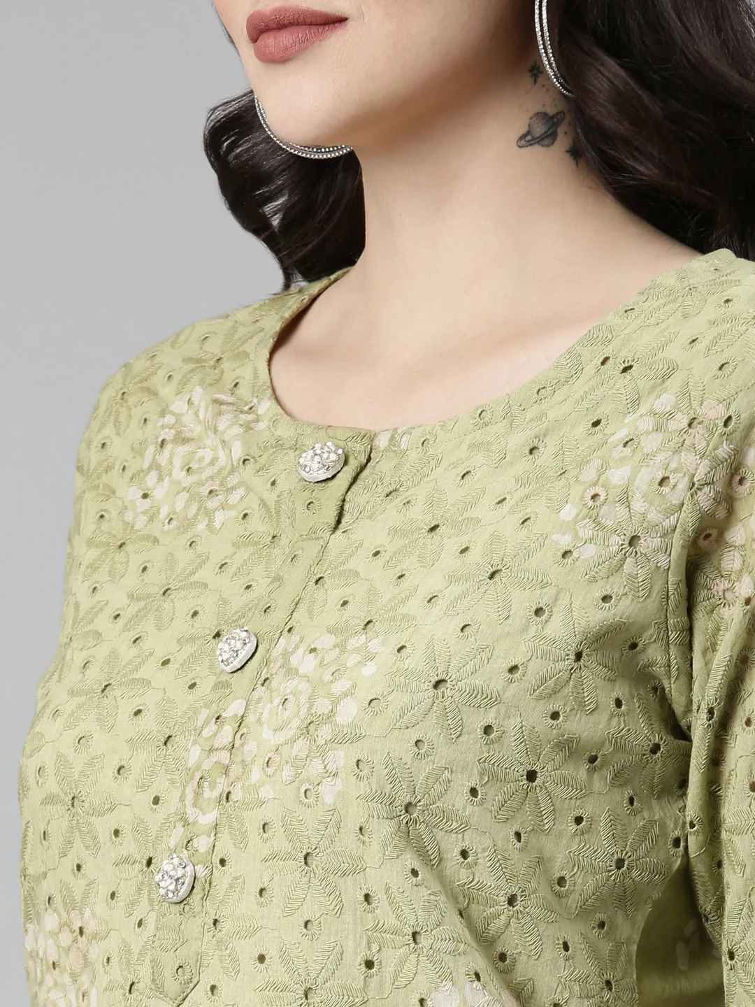 Neeru's Green Regular Straight Embroidered Kurta And Trousers With Dupatta