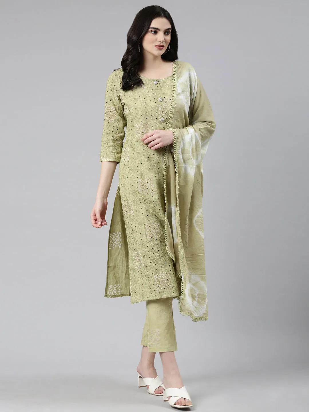 Neeru's Green Regular Straight Embroidered Kurta And Trousers With Dupatta