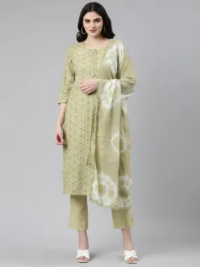 Neeru's Green Regular Straight Embroidered Kurta And Trousers With Dupatta