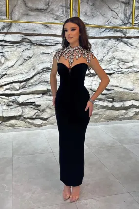 NEW ARRIVAL BLACK ANKLE-LENGTH V-NECK SLEEVELESS MERMAID PROM DRESSES       fg6221