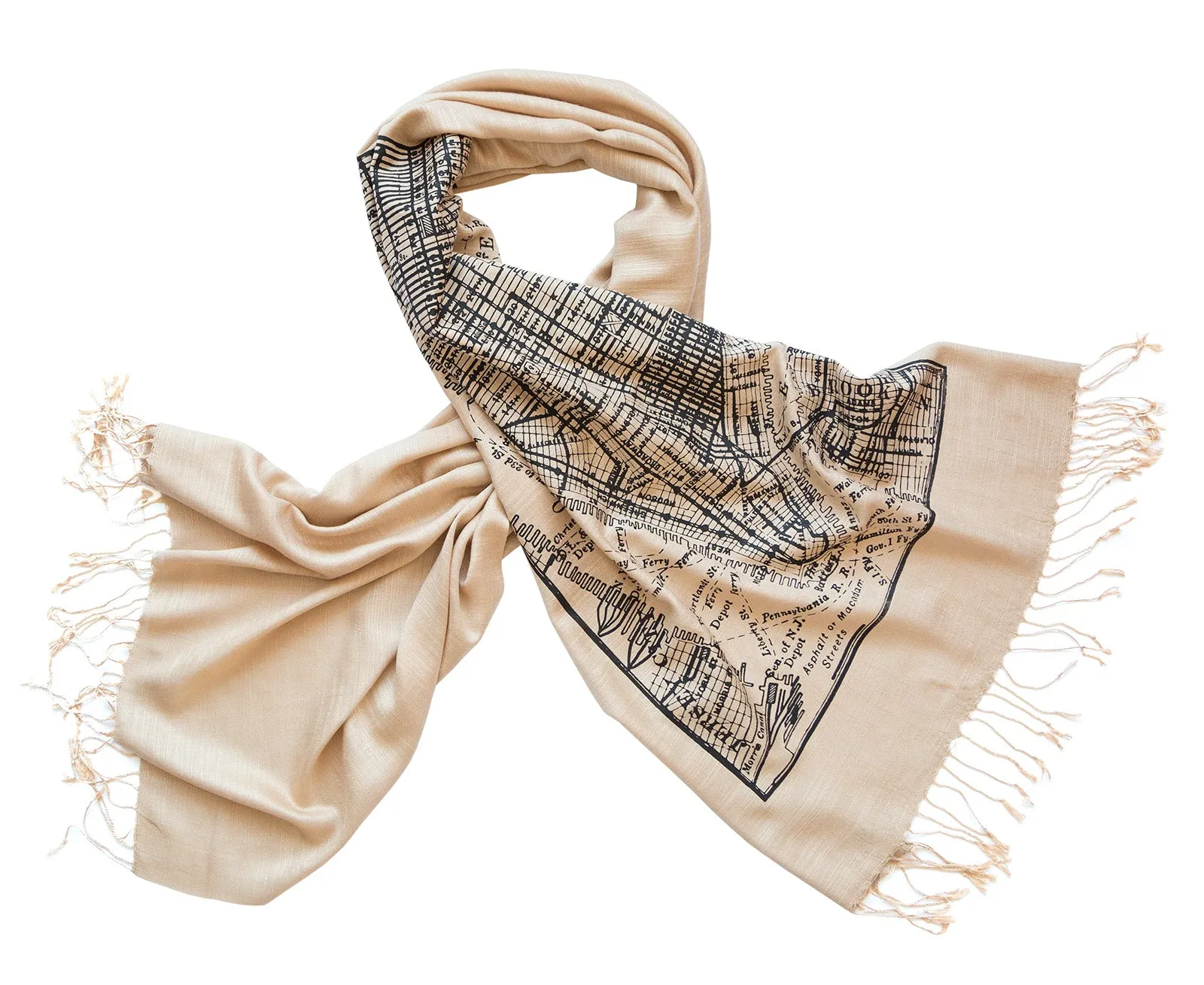 New York City Map Scarf, Brooklyn & Manhattan Linen-Weave Pashmina