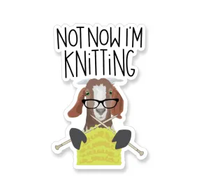 Not now I'm knitting goat wearing glasses 3" vinyl sticker knitting green