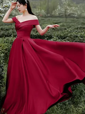 Off Shoulder Burgundy Satin Long Prom, Off the Shoulder Burgundy Formal Evening