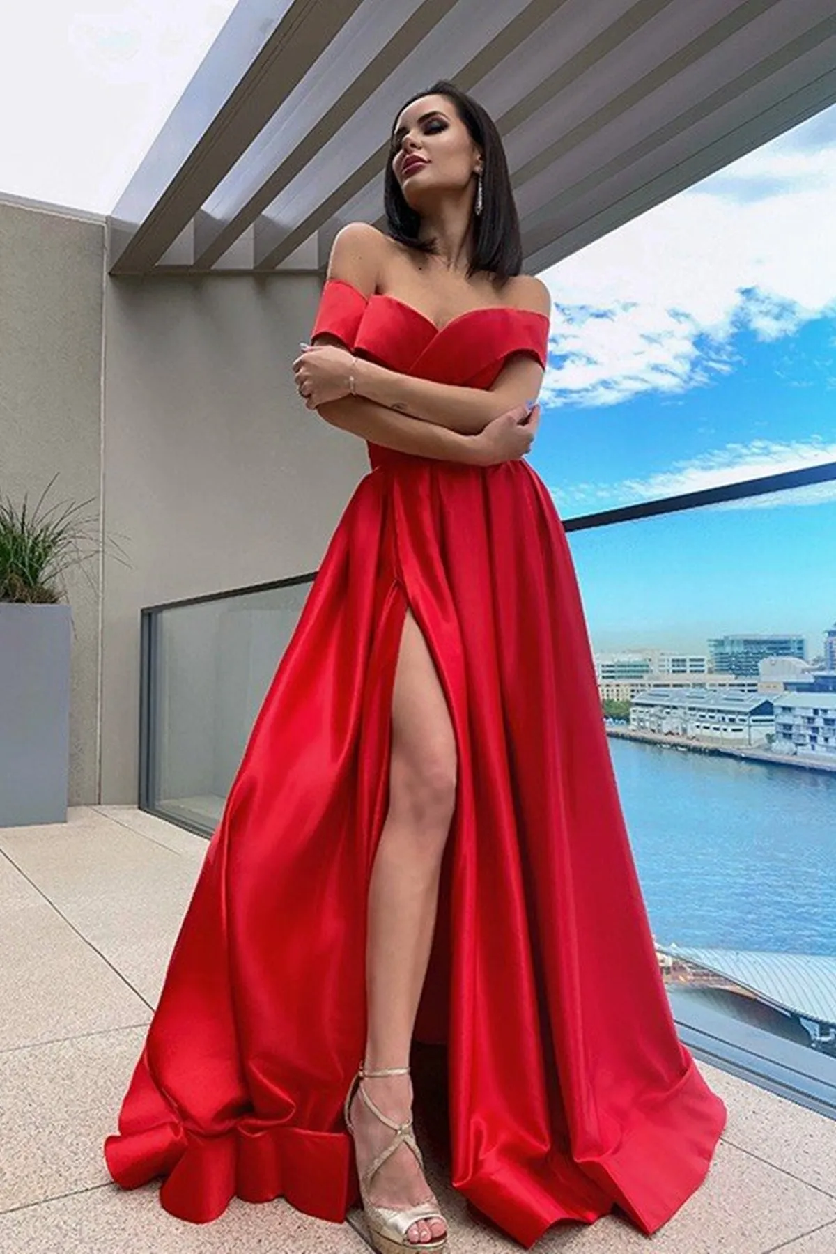 Off Shoulder Red Satin Long Prom Dress with High Slit, Off the Shoulder Red Formal Graduation Evening Dress A1659