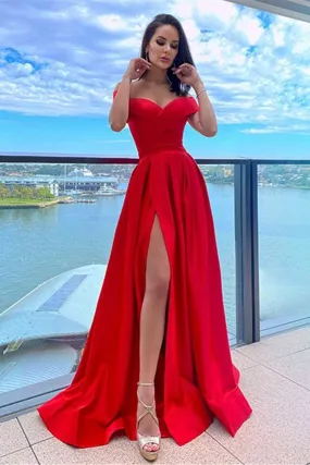 Off Shoulder Red Satin Long Prom Dress with High Slit, Off the Shoulder Red Formal Graduation Evening Dress A1659