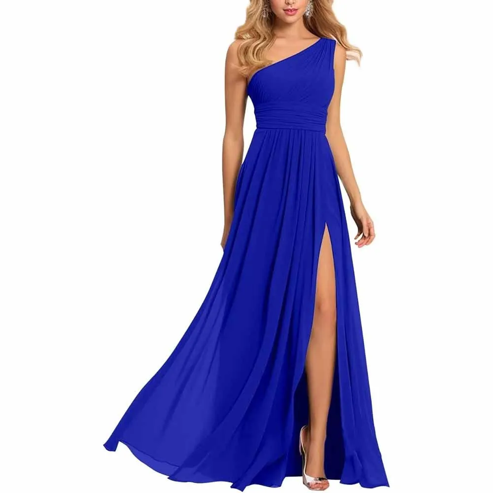 One Shoulder Bridesmaid Dresses Wedding Chiffon Pleated Prom Dress with Slit Wedding Gowns