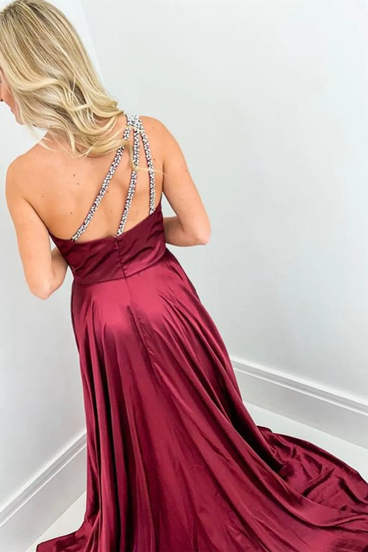 One Shoulder Open Back Burgundy Long Prom Dress with High Slit, Beaded Back Burgundy Formal Graduation Evening Dress A1412