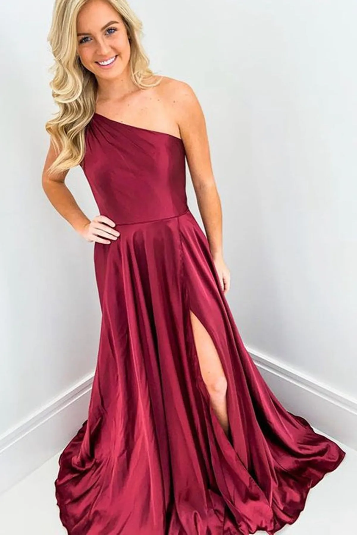 One Shoulder Open Back Burgundy Long Prom Dress with High Slit, Beaded Back Burgundy Formal Graduation Evening Dress A1412