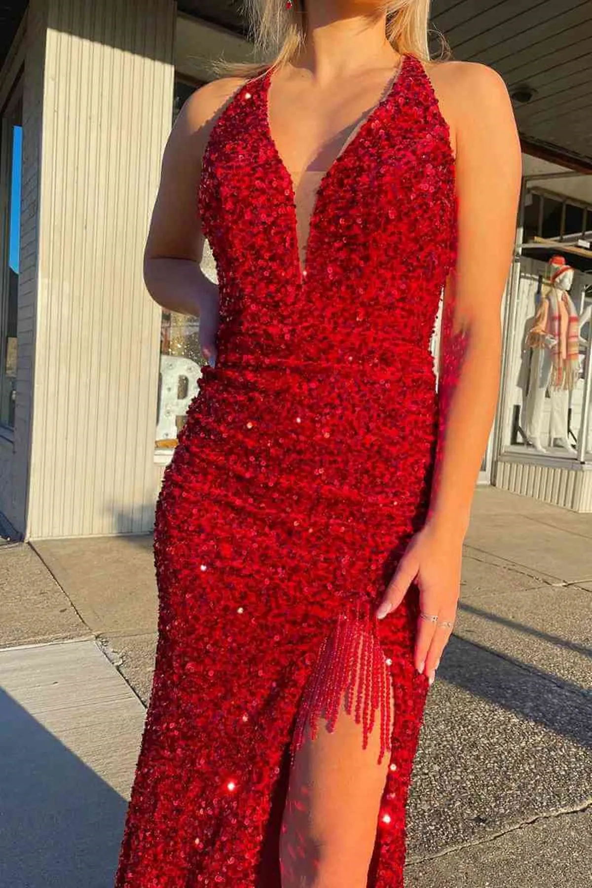 Open Back V Neck Mermaid Burgundy Sequins Long Prom Dress, Mermaid Burgundy Formal Evening Dress A1771