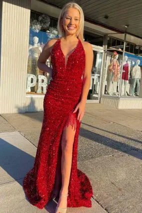 Open Back V Neck Mermaid Burgundy Sequins Long Prom Dress, Mermaid Burgundy Formal Evening Dress A1771