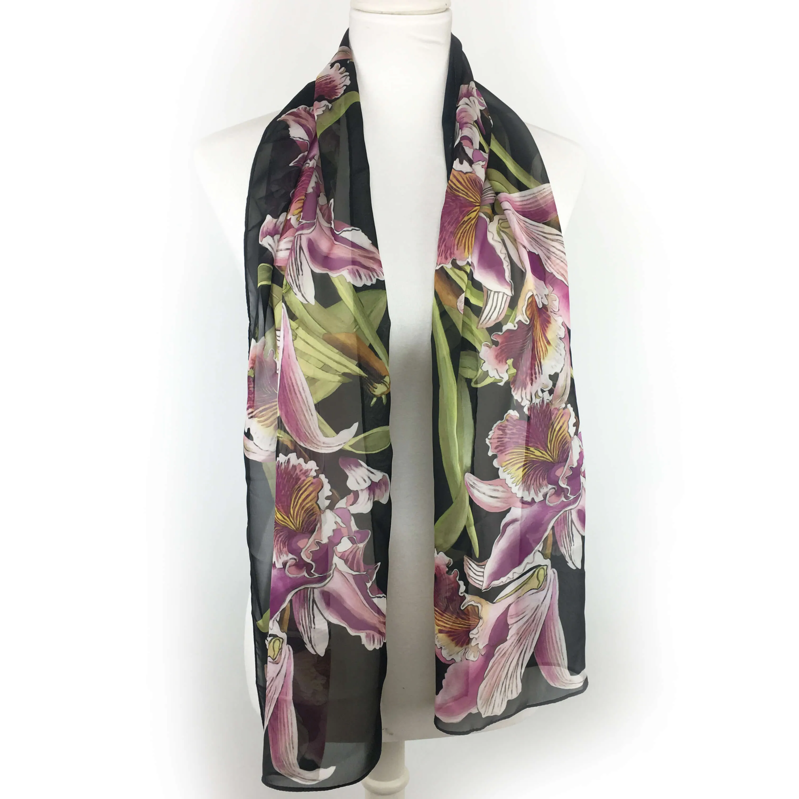 Orchids on Black Chiffon Scarf