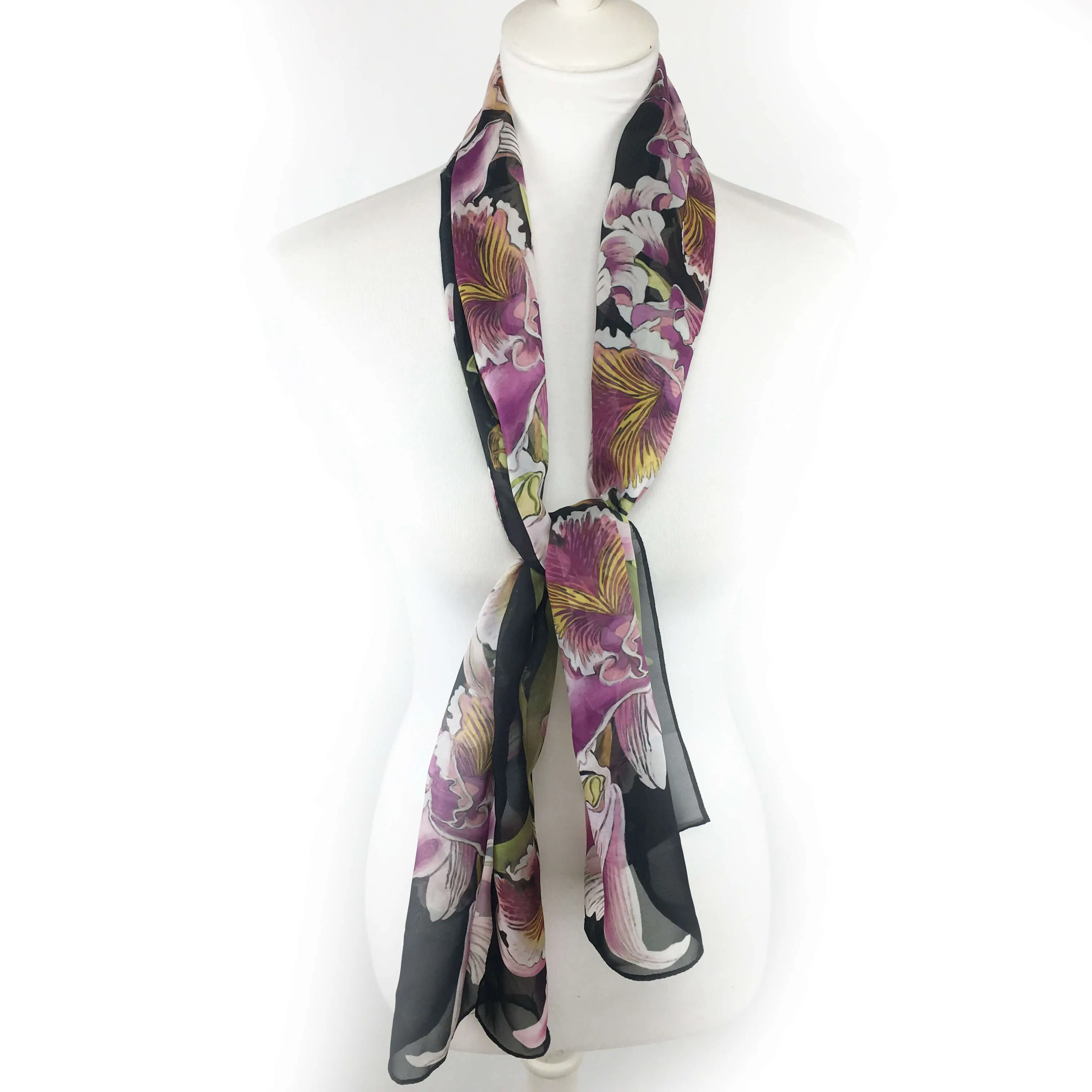 Orchids on Black Chiffon Scarf