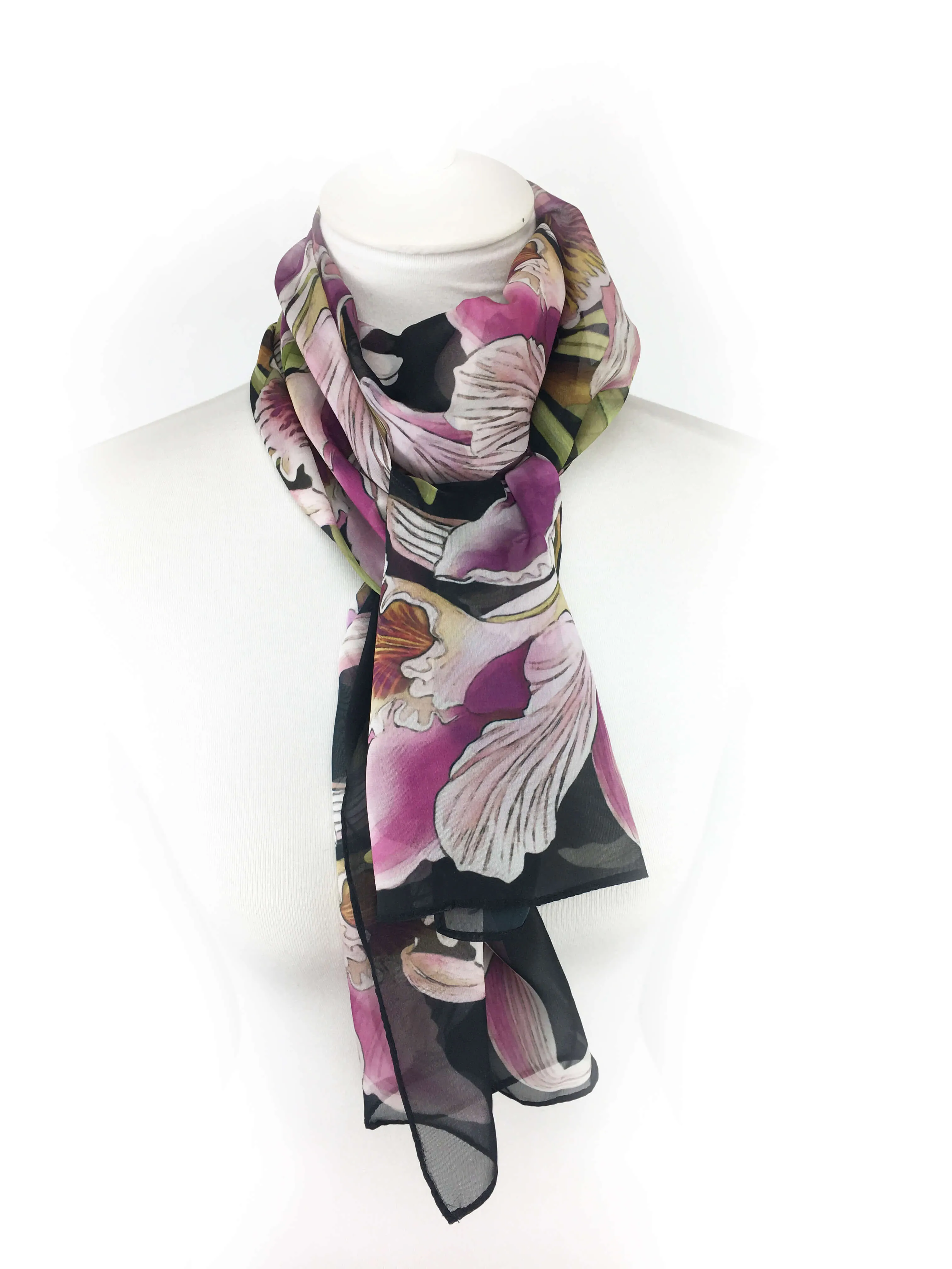 Orchids on Black Chiffon Scarf