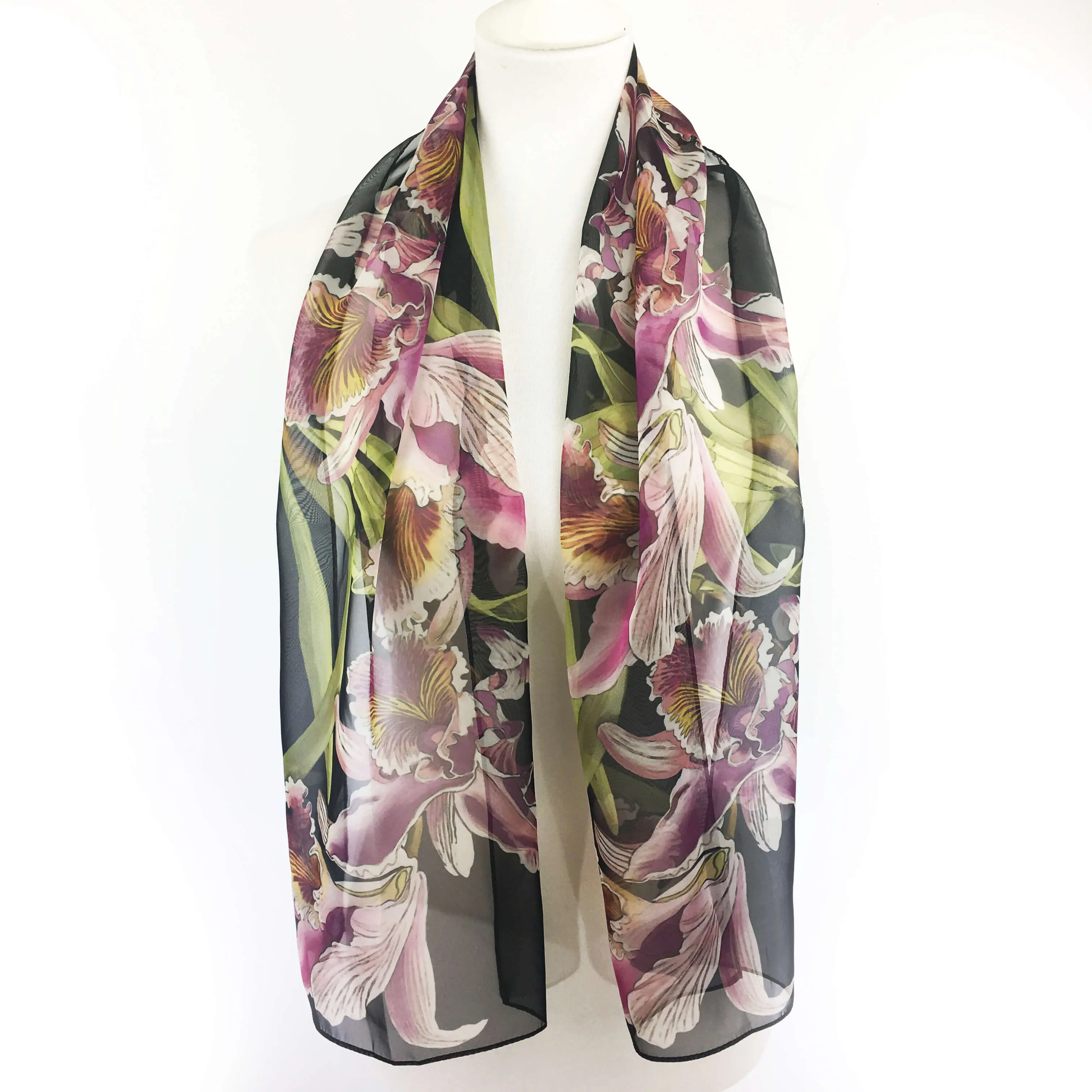 Orchids on Black Chiffon Scarf