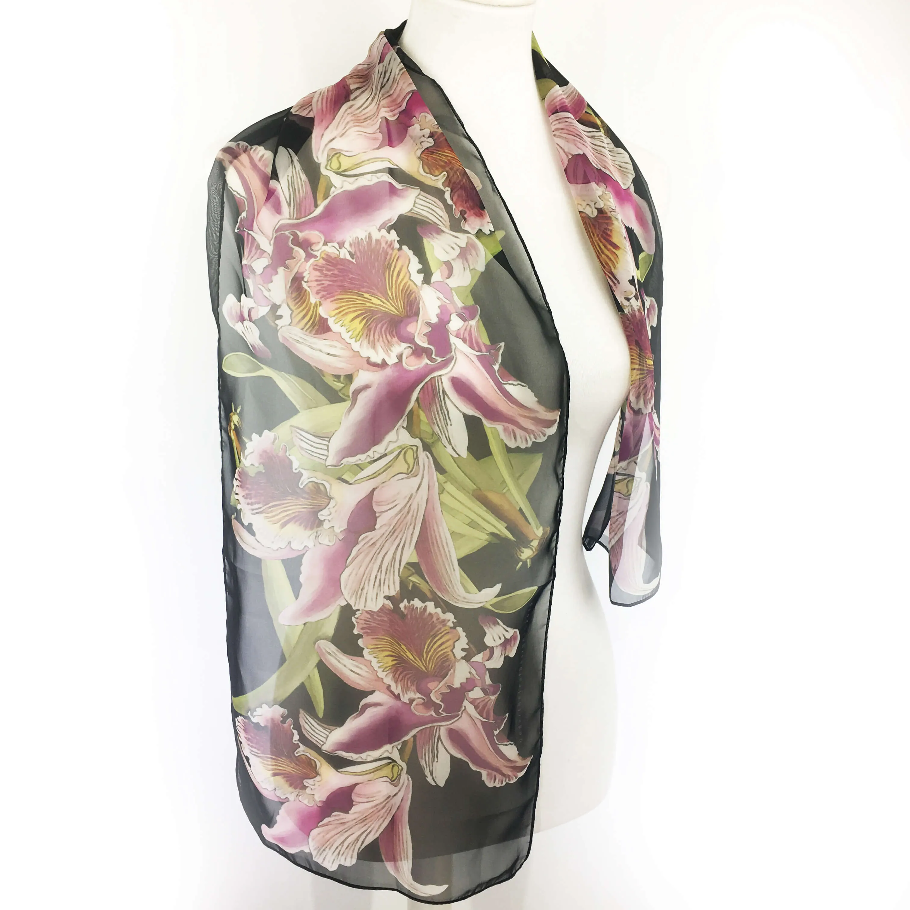 Orchids on Black Chiffon Scarf