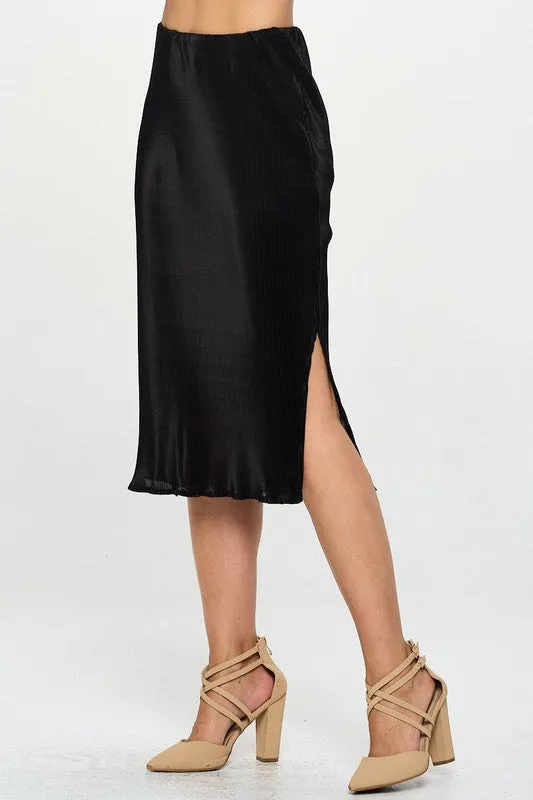 Plisse Midi Skirt with Slit and Elastic Waistband