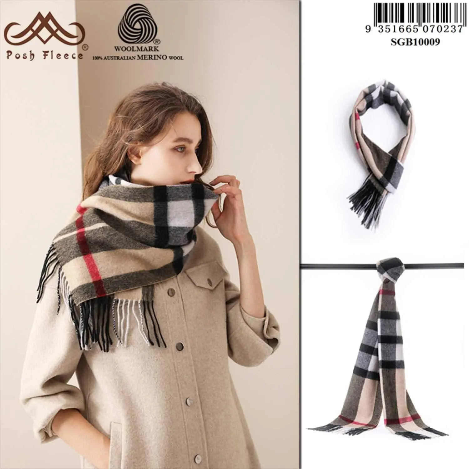 POSH FLEECE Pure Wool Luxurious Scarf with Fringed Trim SGB10009