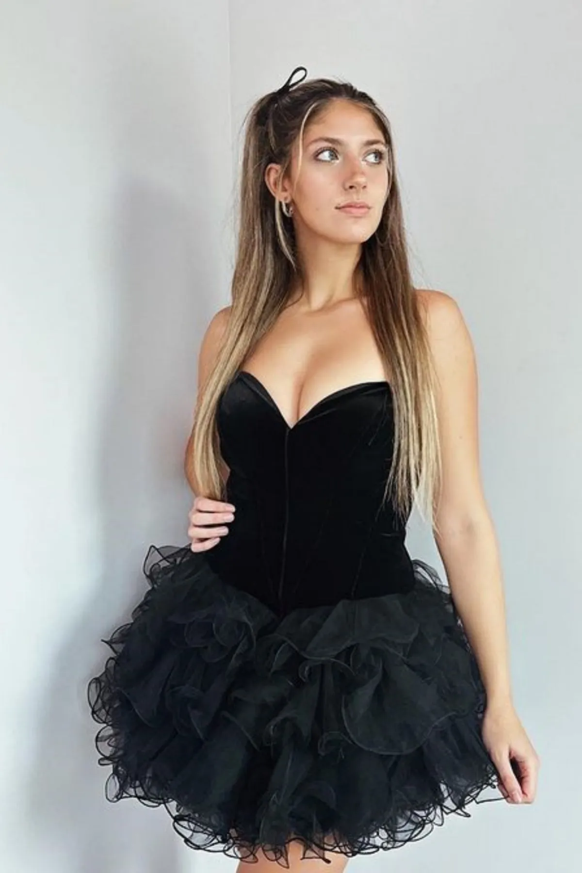 Princess Strapless Fluffy Black Prom Dress with Velvet top, Black Organza Homecoming Dress, Short Black Formal Evening Dress A2157