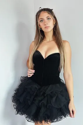 Princess Strapless Fluffy Black Prom Dress with Velvet top, Black Organza Homecoming Dress, Short Black Formal Evening Dress A2157