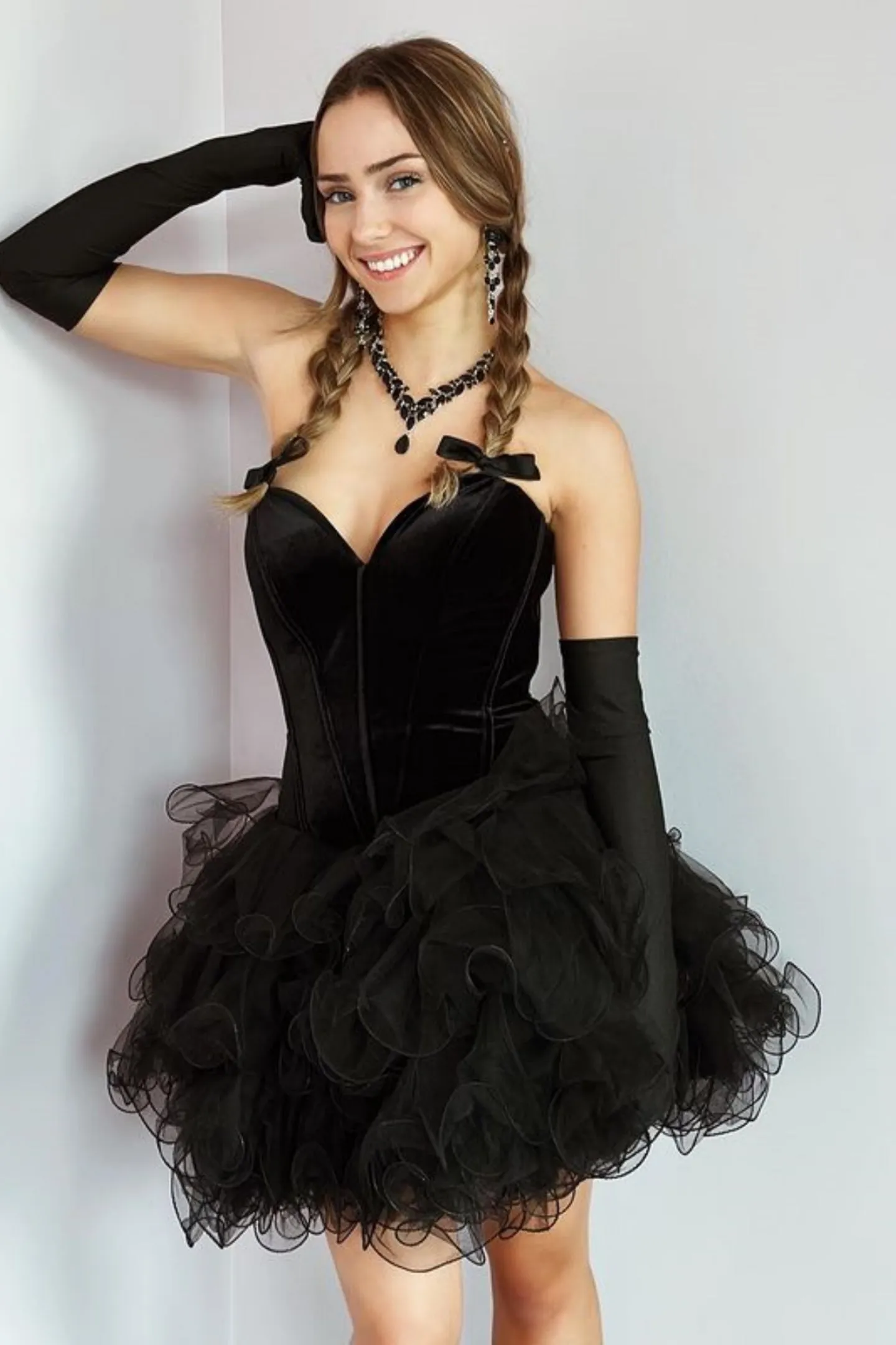 Princess Strapless Fluffy Black Prom Dress with Velvet top, Black Organza Homecoming Dress, Short Black Formal Evening Dress A2157