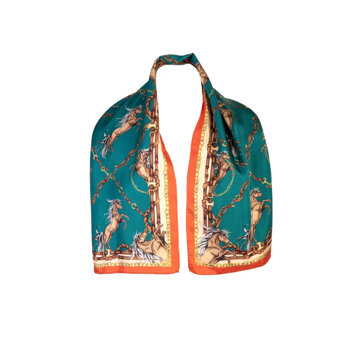 Rearing To Go Teal & Rust Narrow Silk Scarf