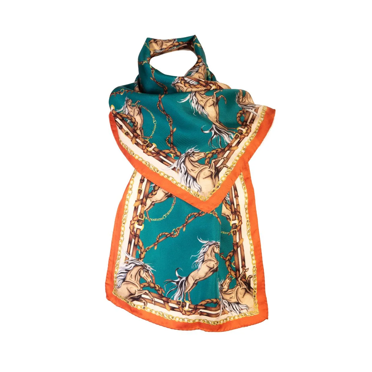 Rearing To Go Teal & Rust Narrow Silk Scarf