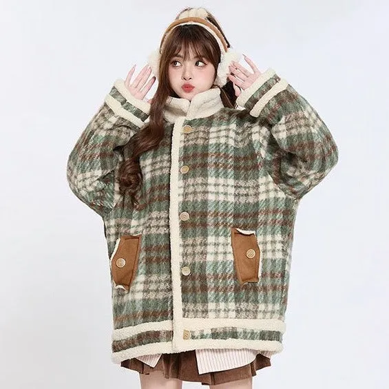 Retro Brown Green Plaid Fall Winter Woolen Cotton Jacket