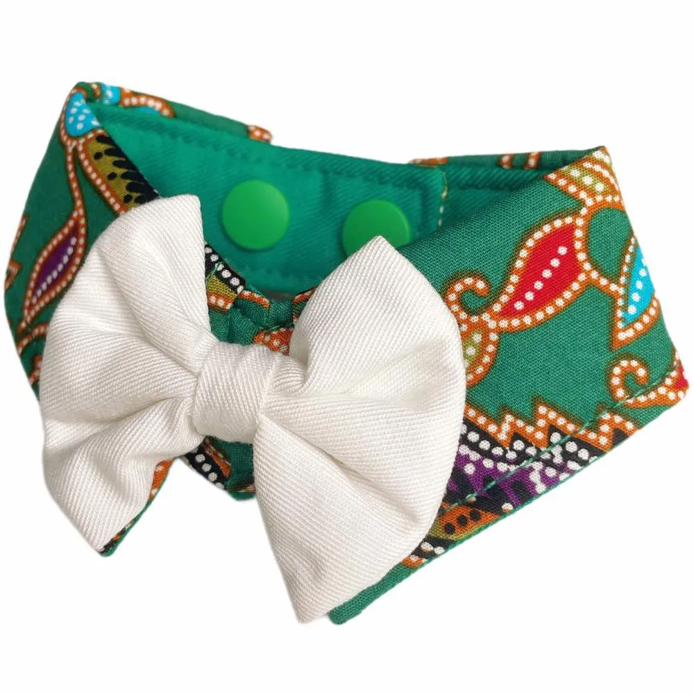 RuffCo Handcrafted Bowtie Button Collar For Cats & Dogs (Green Batik)