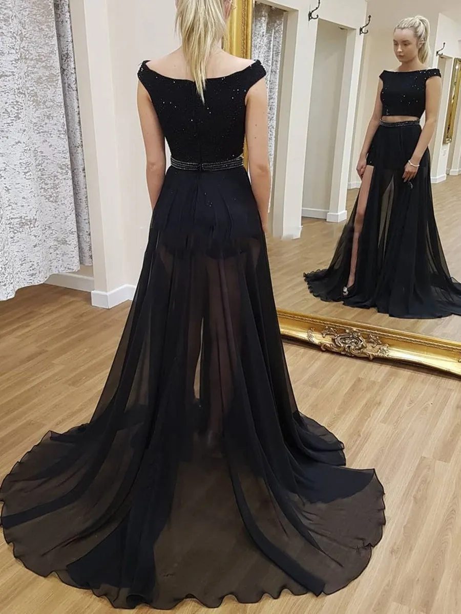 Sexy A Line Round Neck Two Piece Beading Black Prom, Black Two Piece Formal, Black Long Evening