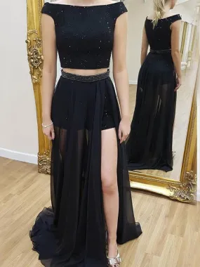 Sexy A Line Round Neck Two Piece Beading Black Prom, Black Two Piece Formal, Black Long Evening