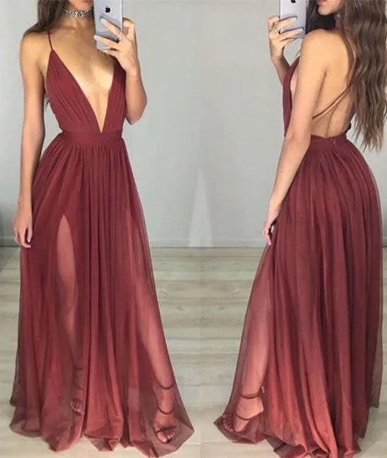 Sexy Backless V-neck Maroon Tulle Long Prom Dresses, Evening Dresses