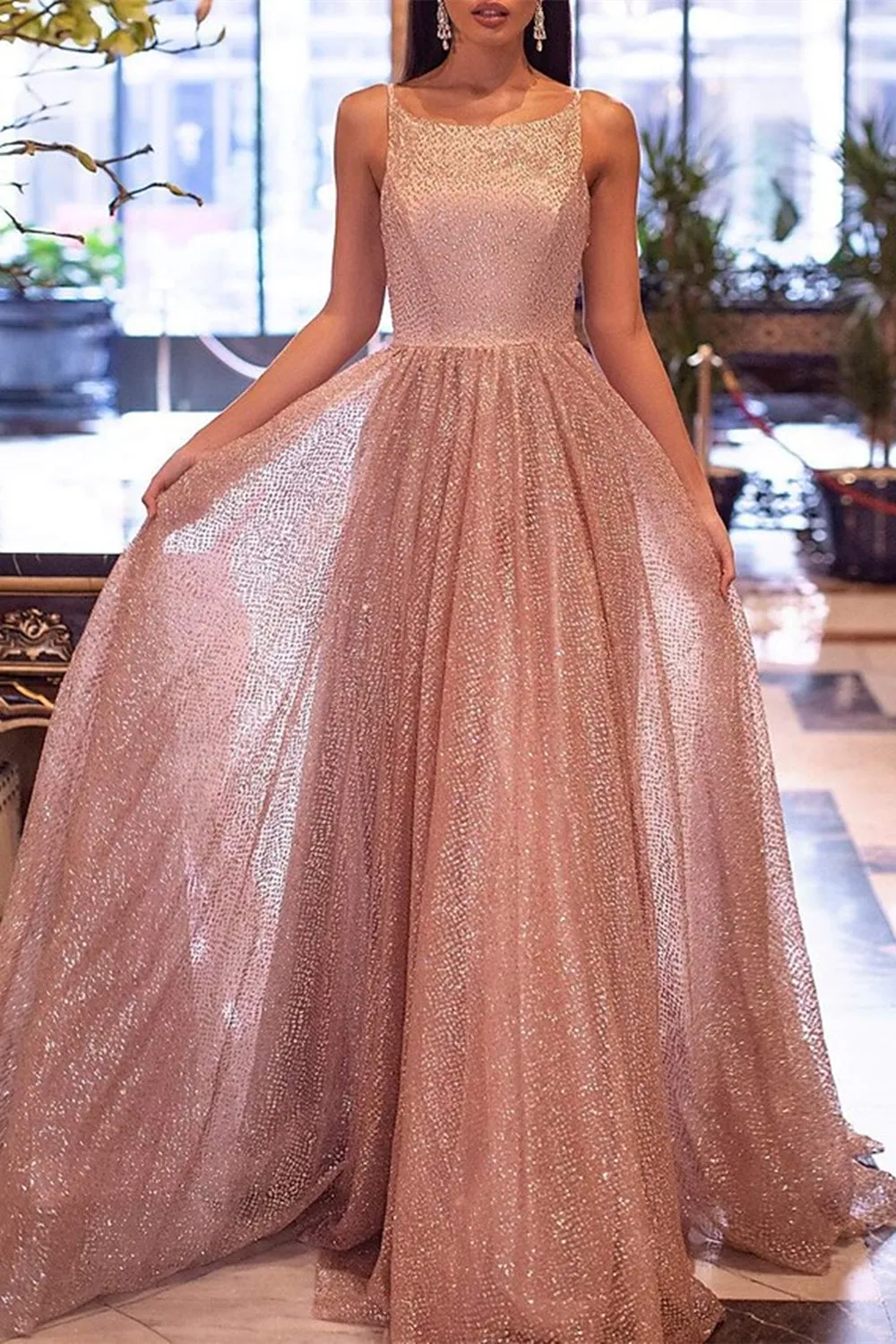 Shiny Sequins Tulle Backless Pink Long Prom Dress, Backless Pink Formal Dress, Sparkly Pink Evening Dress A1387