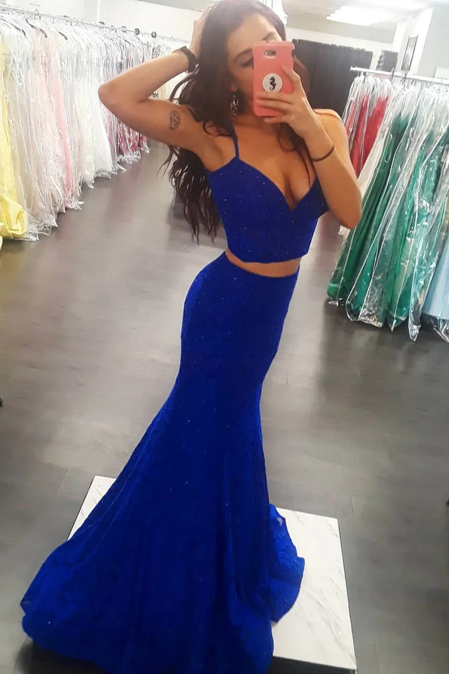 Shiny Two Pieces Mermaid Royal Blue Long Prom Dresses, Two Pieces Royal Blue Formal Dresses, Evening Dresses