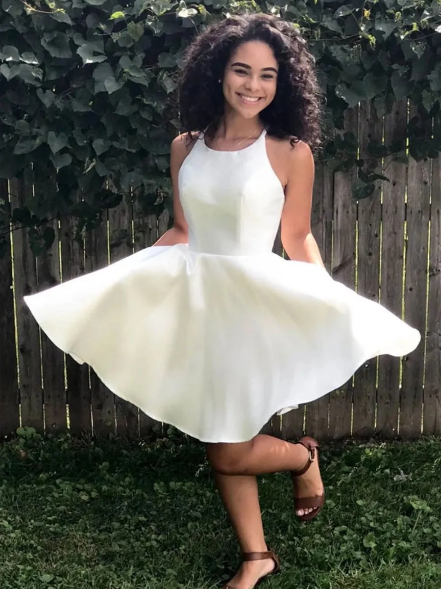 Simple Round Neck White Satin Short Prom Homecoming, White Formal Graduation Evening