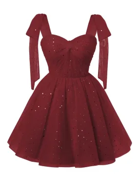 Sparkly Starry Burgundy Tulle Short Homecoming Dresses Spaghetti Bow Straps Prom Dress Sequin Cocktail Party Dress for Teens