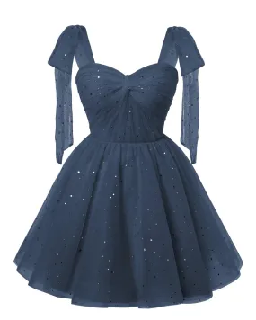 Sparkly Starry Navy Blue Tulle Short Homecoming Dresses Spaghetti Bow Straps Prom Dress Sequin Cocktail Party Dress for Teens