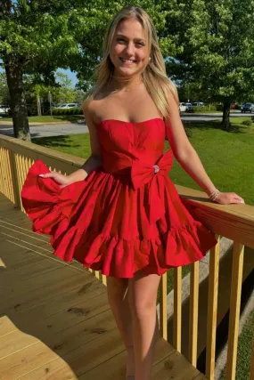 Strapless A Line Red Satin Short Prom Dress with Bow, Short Red Homecoming Dress A2167