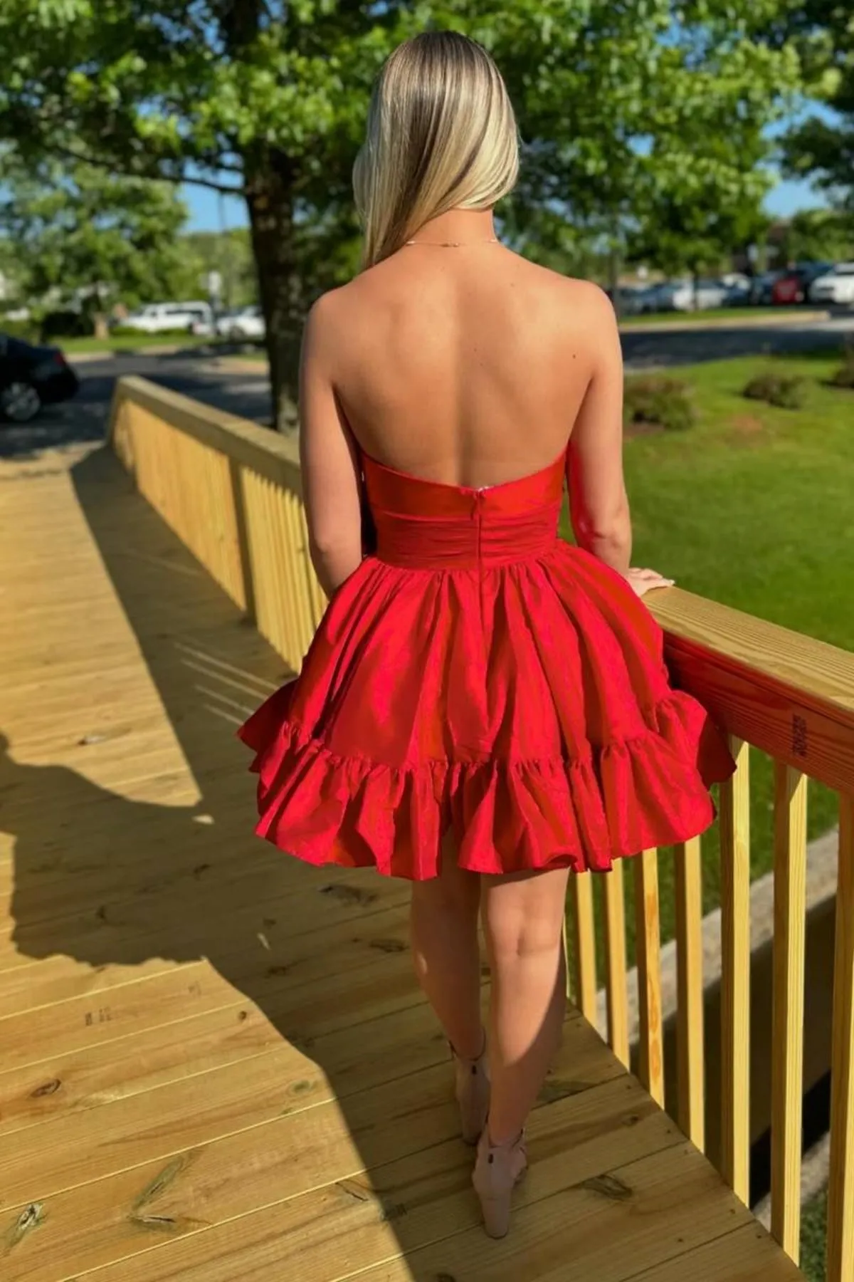 Strapless A Line Red Satin Short Prom Dress with Bow, Short Red Homecoming Dress A2167