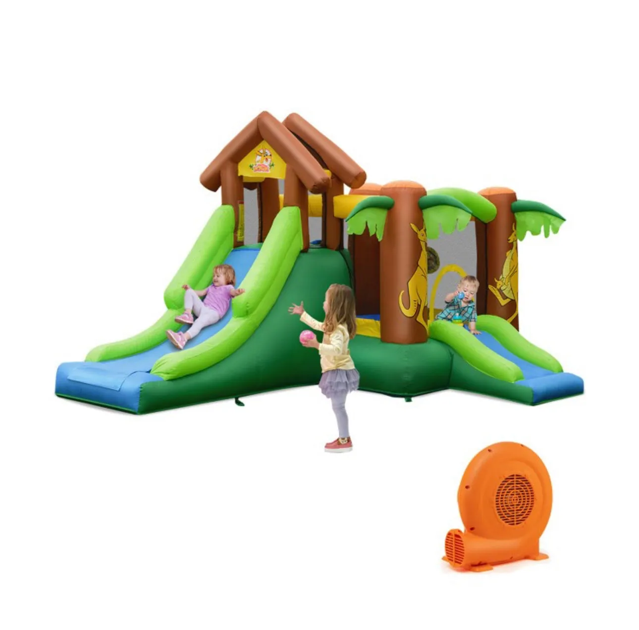 Super Fun Jungle Theme Bouncy Castle House With 750W Blower | Heavy Duty | Waterproof | Indoor | Outdoor | Tear Resistant | Trampoline | Climbing Wall | Long Slide