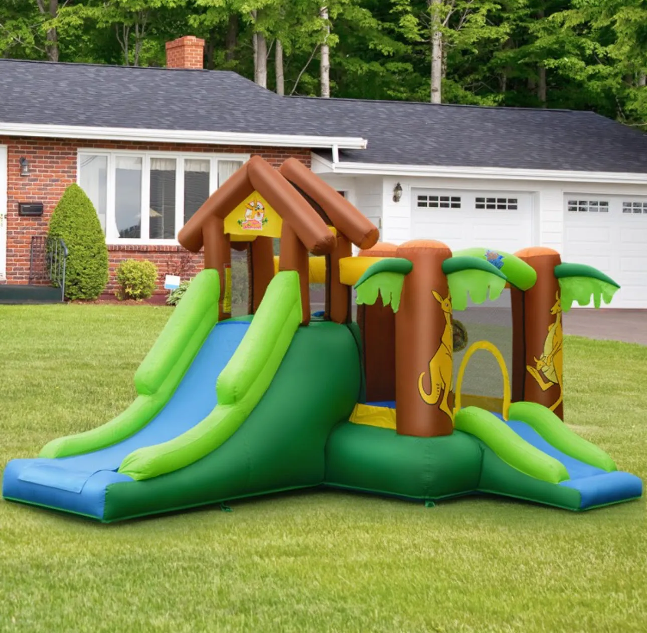 Super Fun Jungle Theme Bouncy Castle House With 750W Blower | Heavy Duty | Waterproof | Indoor | Outdoor | Tear Resistant | Trampoline | Climbing Wall | Long Slide