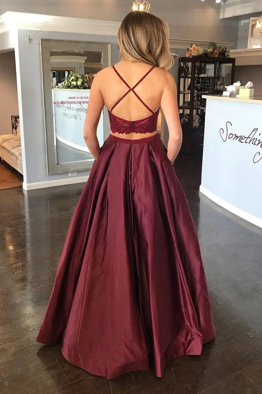 Two Pieces Lace Burgundy Long Prom Dress with Pocket, Burgundy Lace Formal Dress, Two Piece Burgundy Evening Dress