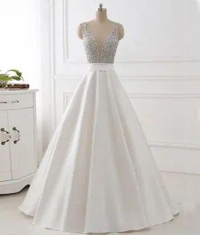 V Neck Backless White Prom Dress With Beads, V Neck Formal Dress, White Evening Dress